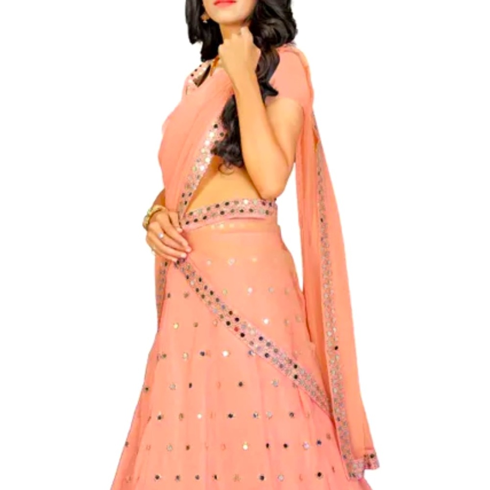 Pink mirror work lengha